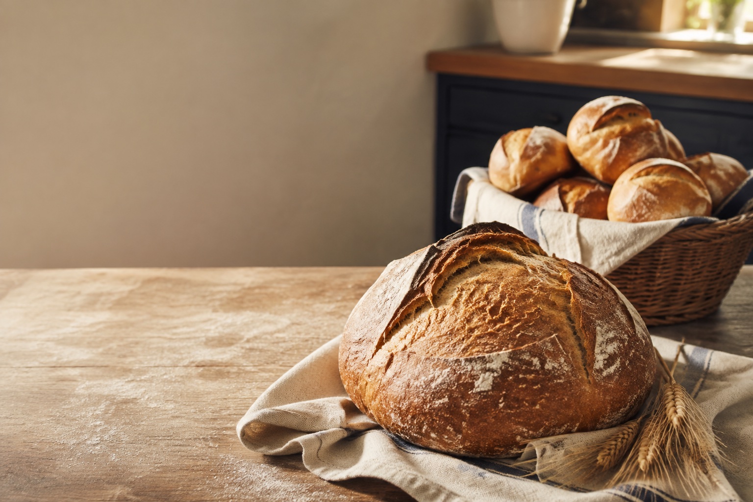 A rustic sourdough loaf and fresh rolls in a warm home kitchen